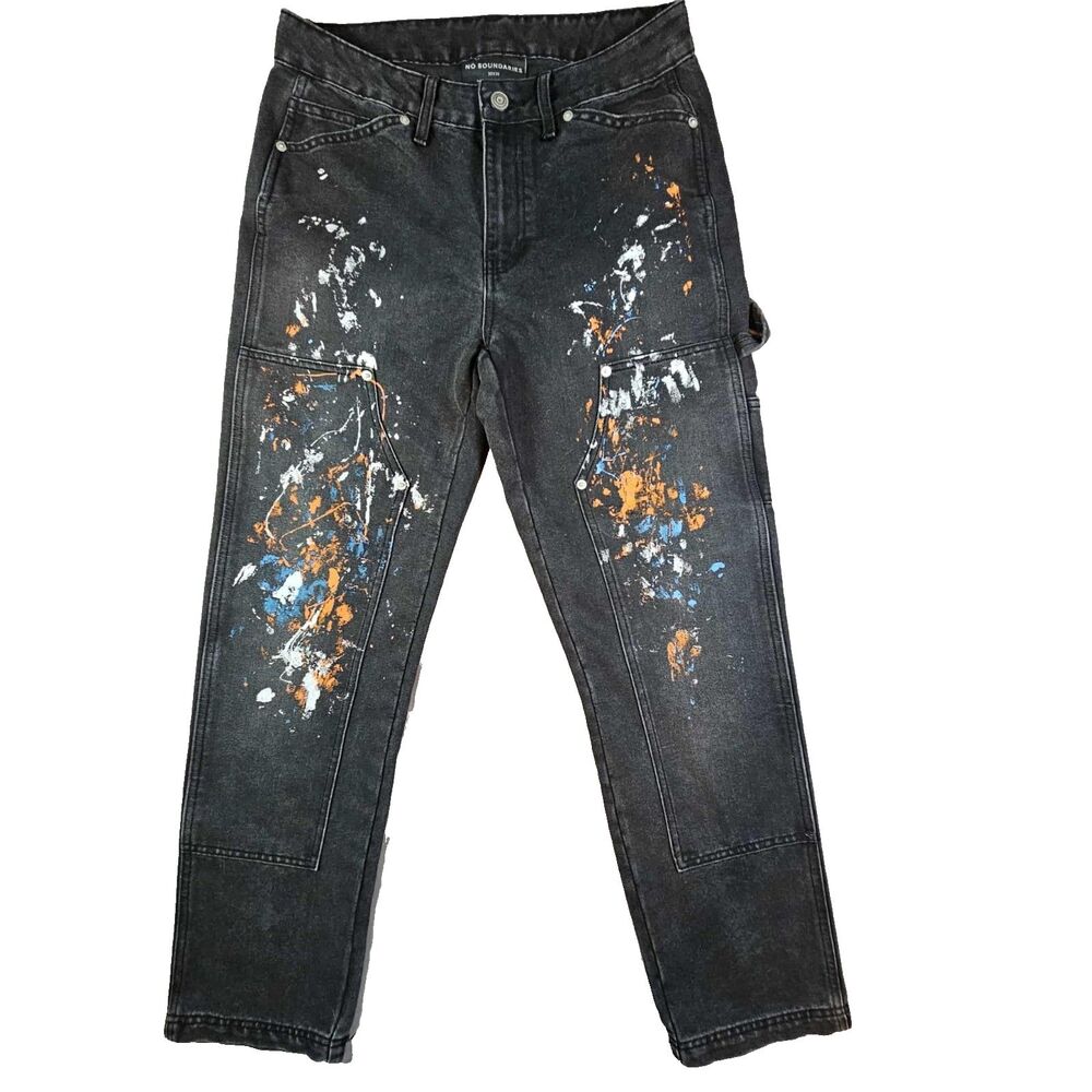 No Boundaries Carpenter Pants Mens 30x30 Black Paint Splatter Double Knee Y2K
